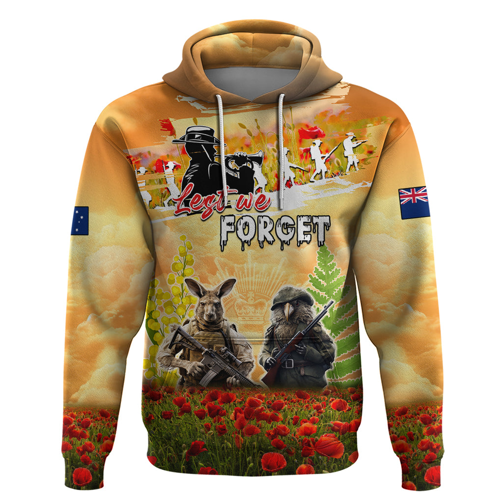 Australia And New Zealand ANZAC Day Zip Hoodie Kangaroo And Kiwi Bird Soldiers Lest We Forget LT05 - Vibe Hoodie Shop