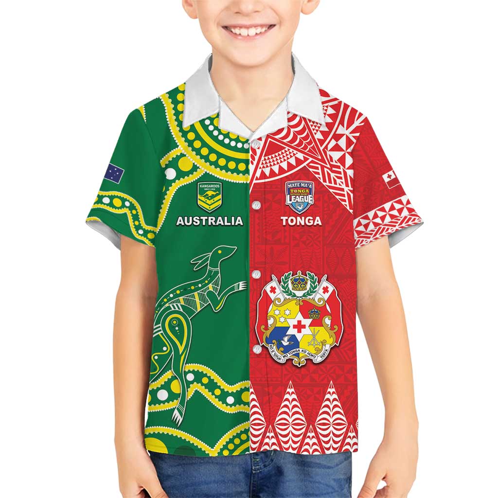 Custom Tonga XIII And Australia Kangaroos Family Matching Tank Maxi Dress and Hawaiian Shirt Mate Maa Tongan Ngatu With Aboriginal