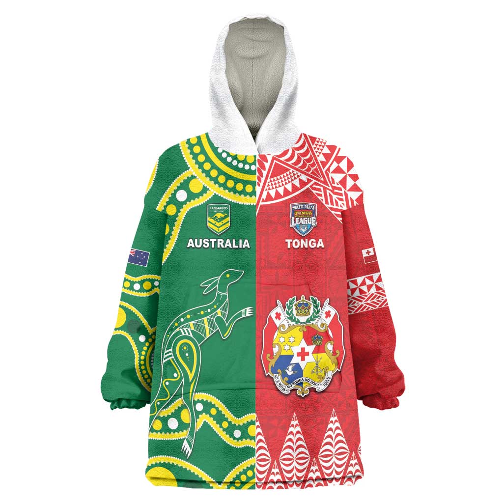 Custom Tonga XIII And Australia Kangaroos Wearable Blanket Hoodie Mate Maa Tongan Ngatu With Aboriginal LT05 - Vibe Hoodie Shop