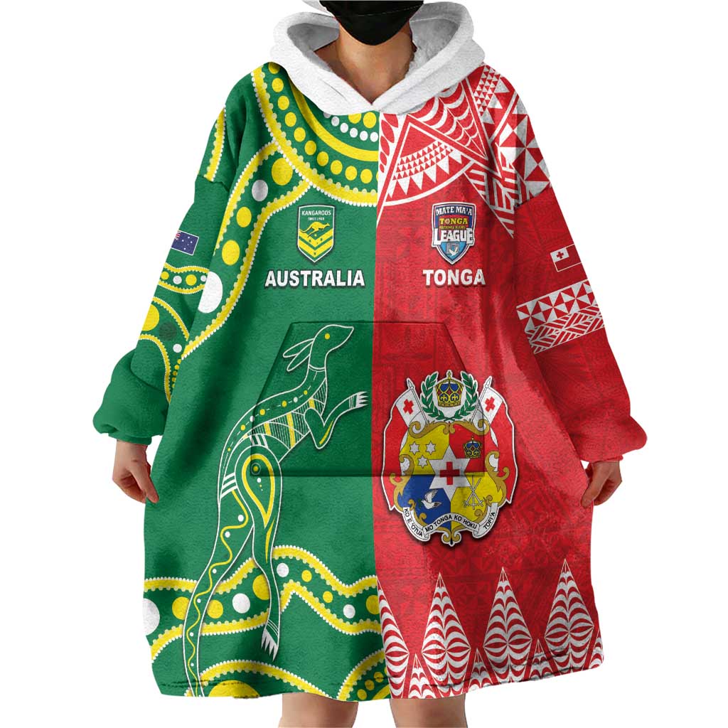 Custom Tonga XIII And Australia Kangaroos Wearable Blanket Hoodie Mate Maa Tongan Ngatu With Aboriginal LT05 - Vibe Hoodie Shop