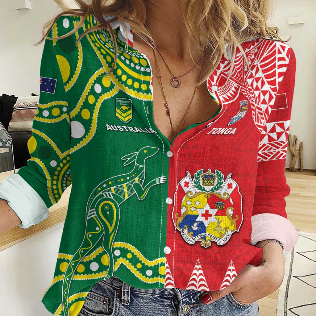 Custom Tonga XIII And Australia Kangaroos Women Casual Shirt Mate Maa Tongan Ngatu With Aboriginal LT05 - Vibe Hoodie Shop