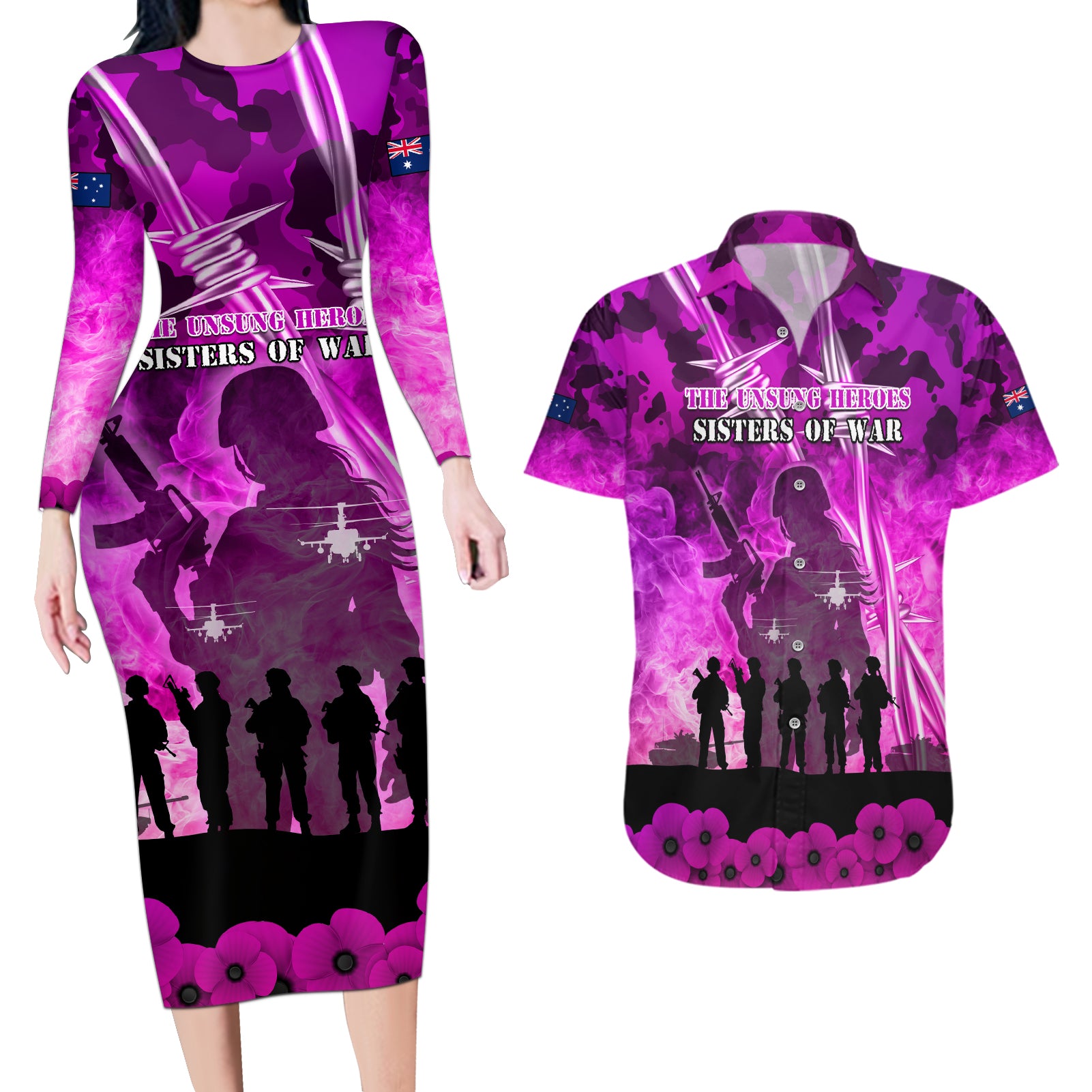 Australia ANZAC Day Couples Matching Long Sleeve Bodycon Dress and Hawaiian Shirt The Unsung Heroes Sisters of War