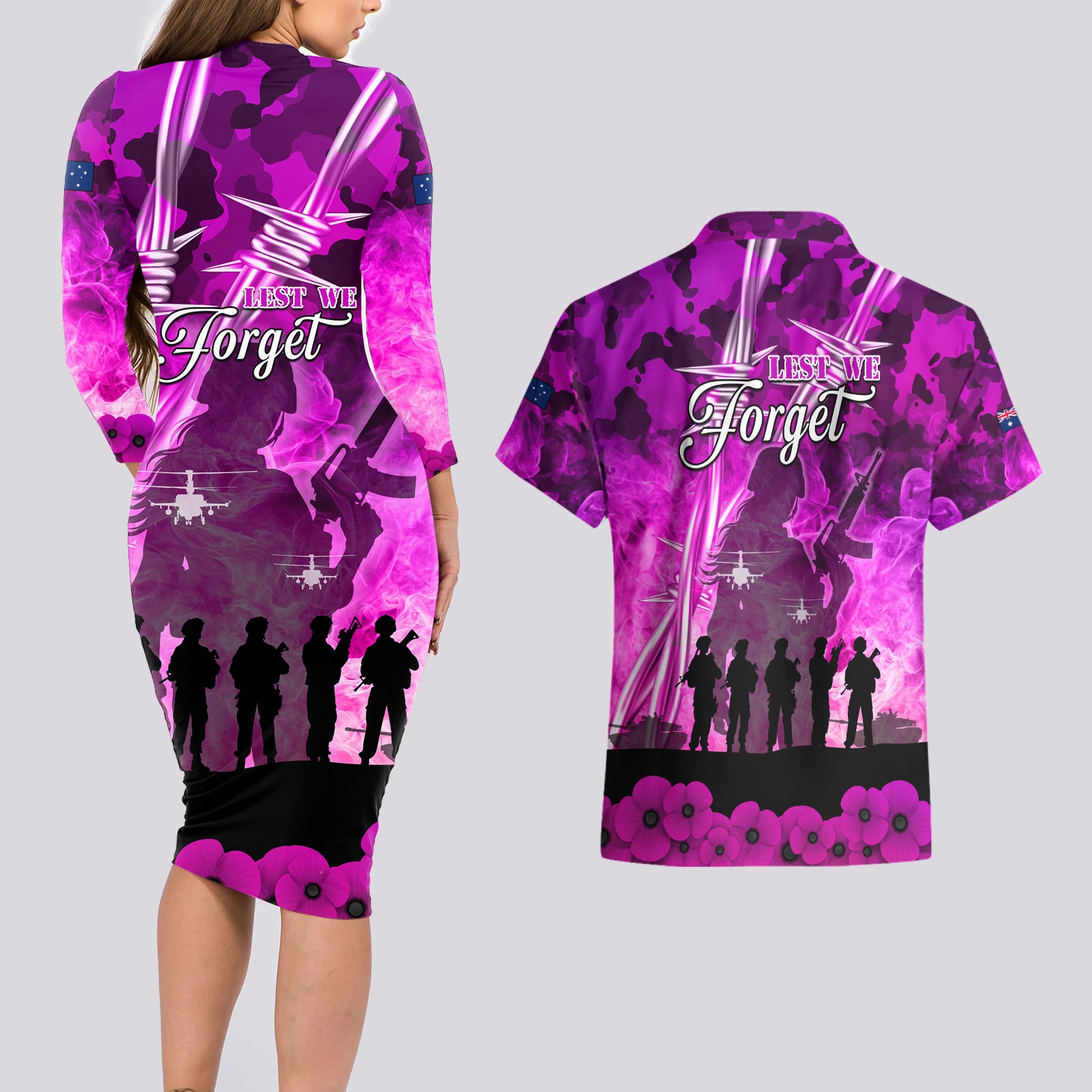 Australia ANZAC Day Couples Matching Long Sleeve Bodycon Dress and Hawaiian Shirt The Unsung Heroes Sisters of War