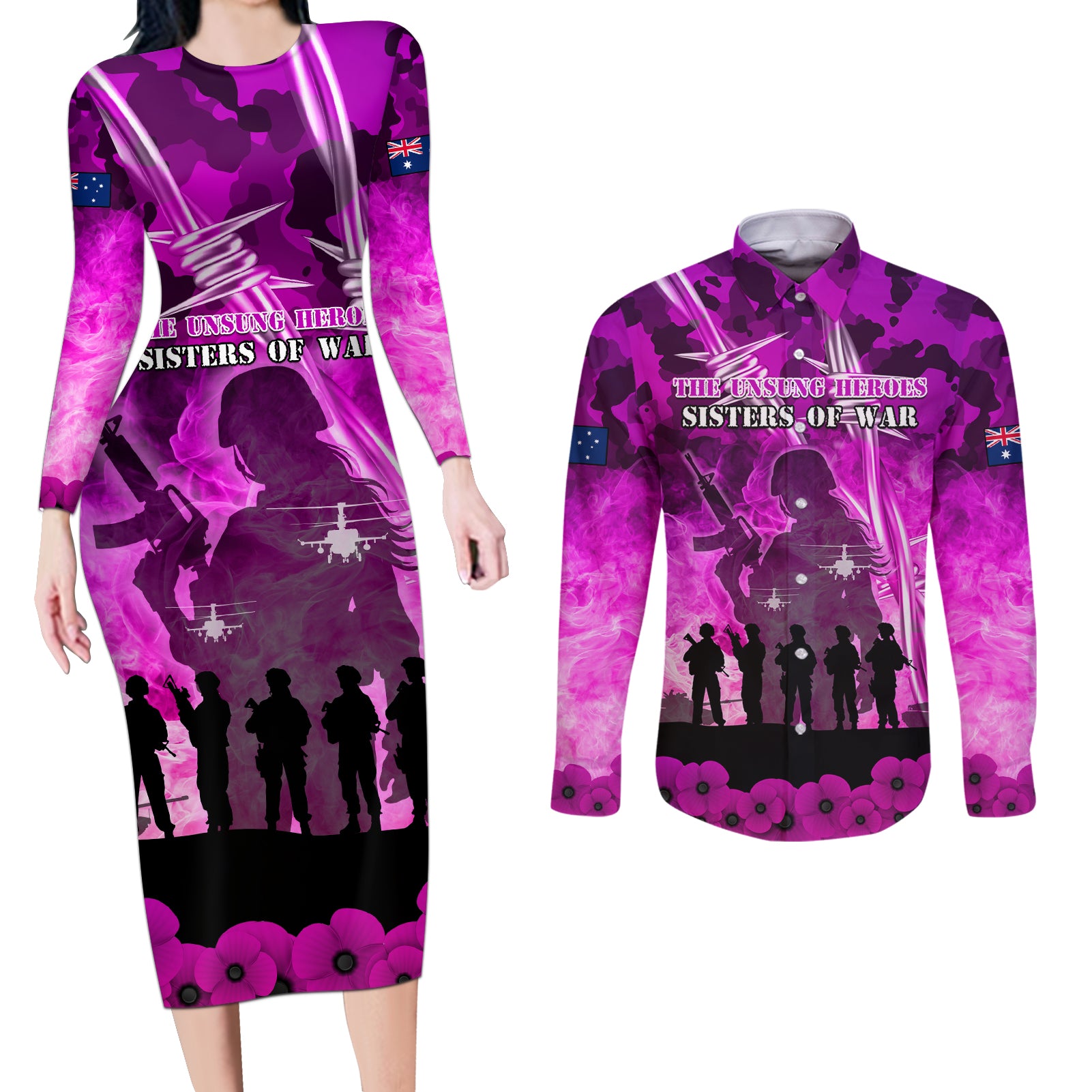 Australia ANZAC Day Couples Matching Long Sleeve Bodycon Dress and Long Sleeve Button Shirt The Unsung Heroes Sisters of War