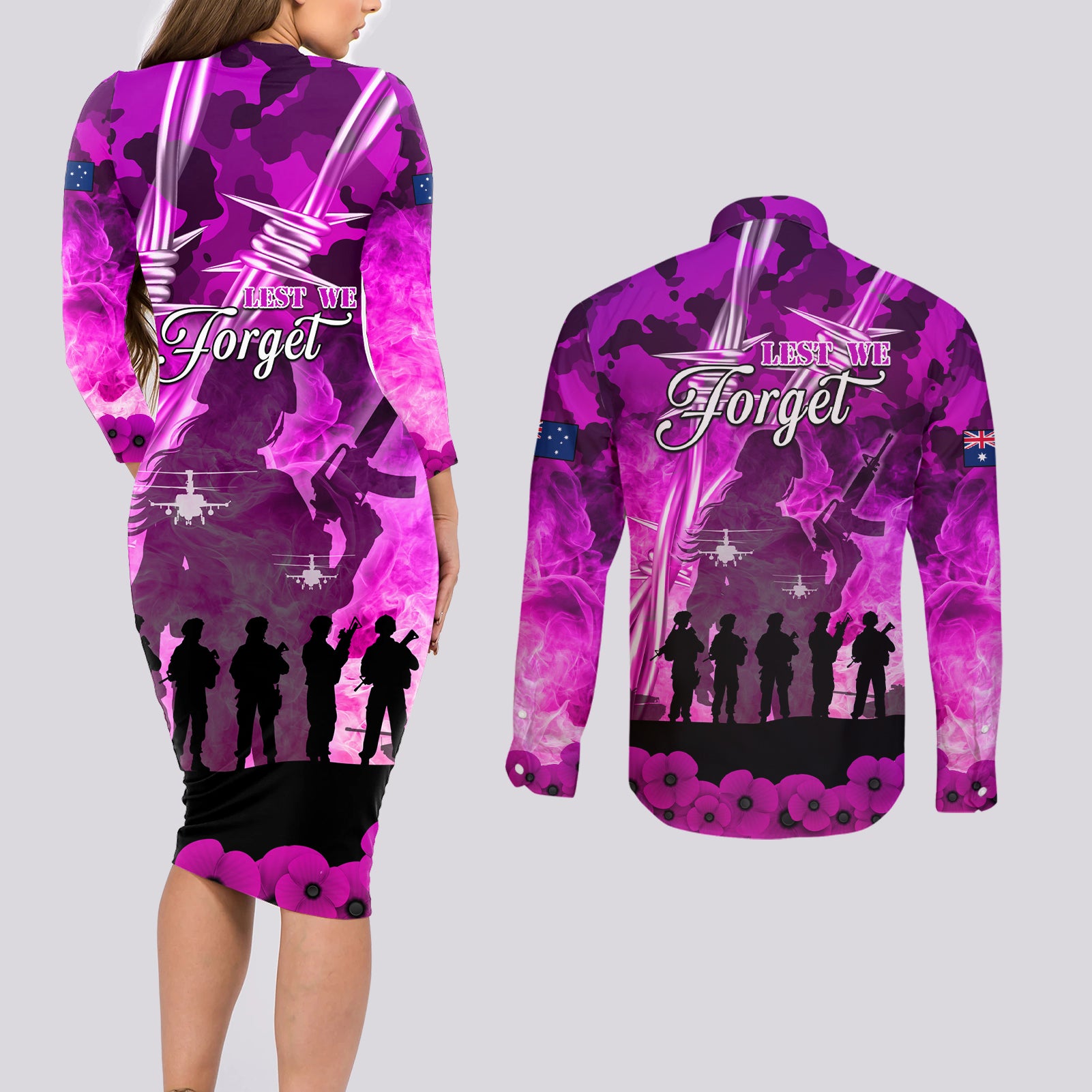 Australia ANZAC Day Couples Matching Long Sleeve Bodycon Dress and Long Sleeve Button Shirt The Unsung Heroes Sisters of War