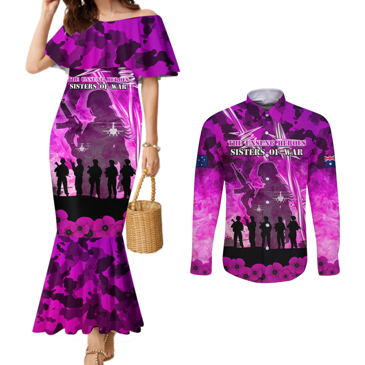 Australia ANZAC Day Couples Matching Mermaid Dress and Long Sleeve Button Shirt The Unsung Heroes Sisters of War