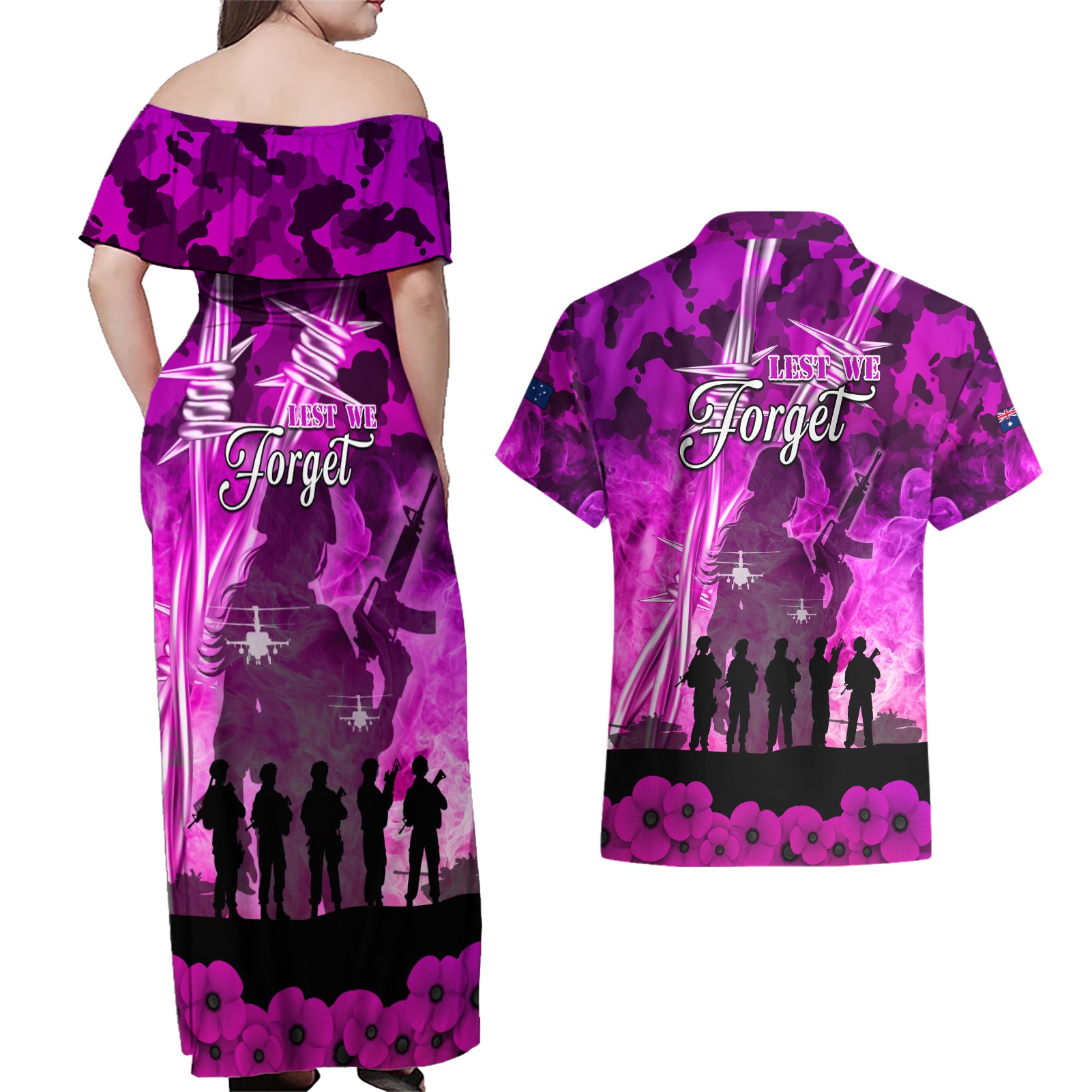 Australia ANZAC Day Couples Matching Off Shoulder Maxi Dress and Hawaiian Shirt The Unsung Heroes Sisters of War