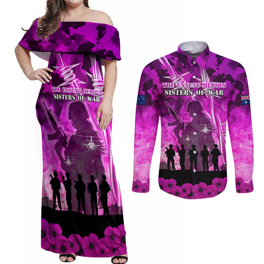 Australia ANZAC Day Couples Matching Off Shoulder Maxi Dress and Long Sleeve Button Shirt The Unsung Heroes Sisters of War