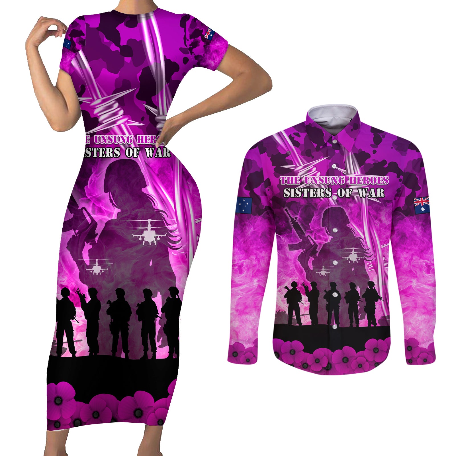 Australia ANZAC Day Couples Matching Short Sleeve Bodycon Dress and Long Sleeve Button Shirt The Unsung Heroes Sisters of War