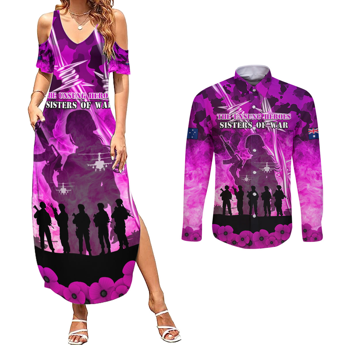 Australia ANZAC Day Couples Matching Summer Maxi Dress and Long Sleeve Button Shirt The Unsung Heroes Sisters of War
