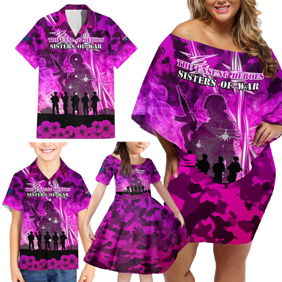 Australia ANZAC Day Family Matching Off Shoulder Short Dress and Hawaiian Shirt The Unsung Heroes Sisters of War