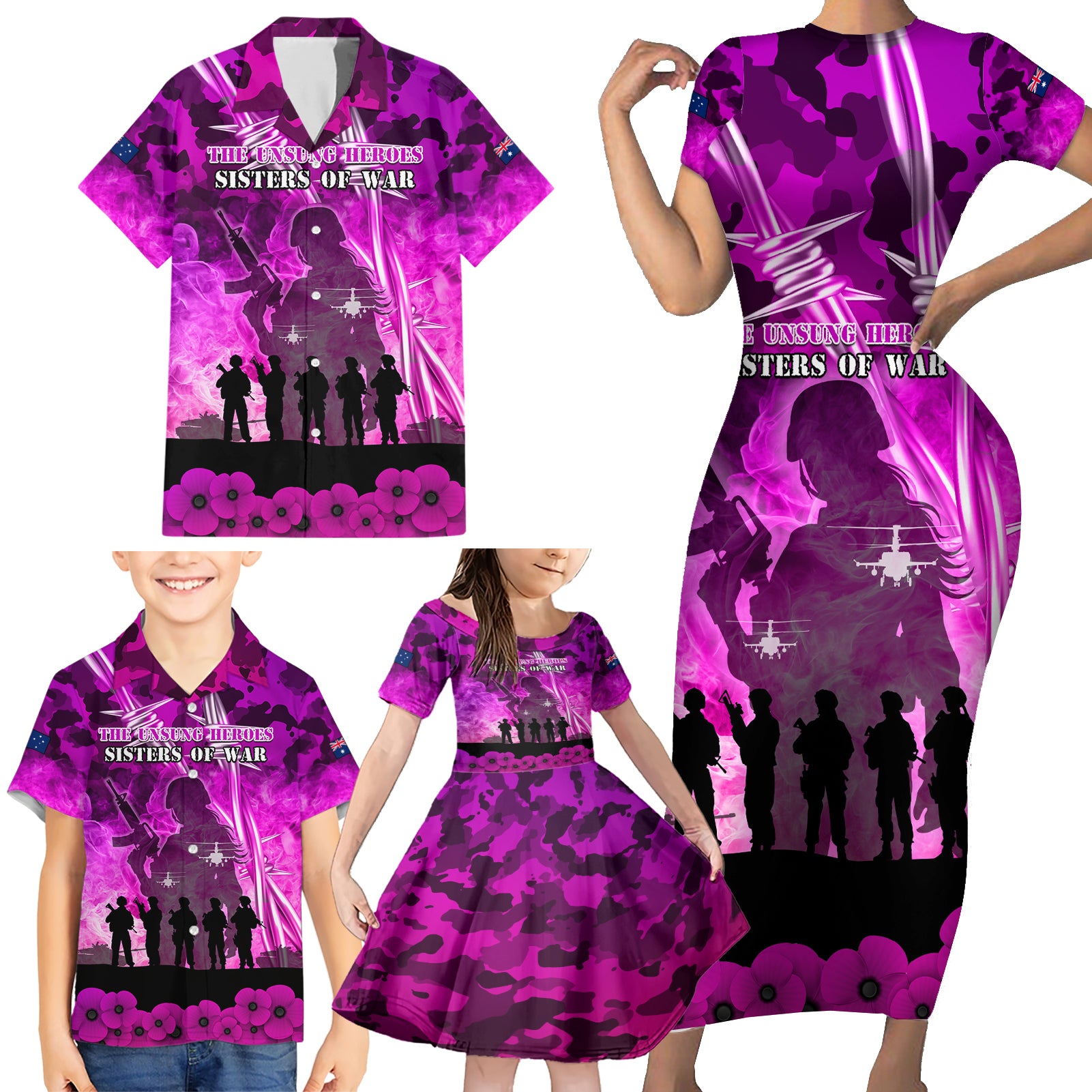 Australia ANZAC Day Family Matching Short Sleeve Bodycon Dress and Hawaiian Shirt The Unsung Heroes Sisters of War