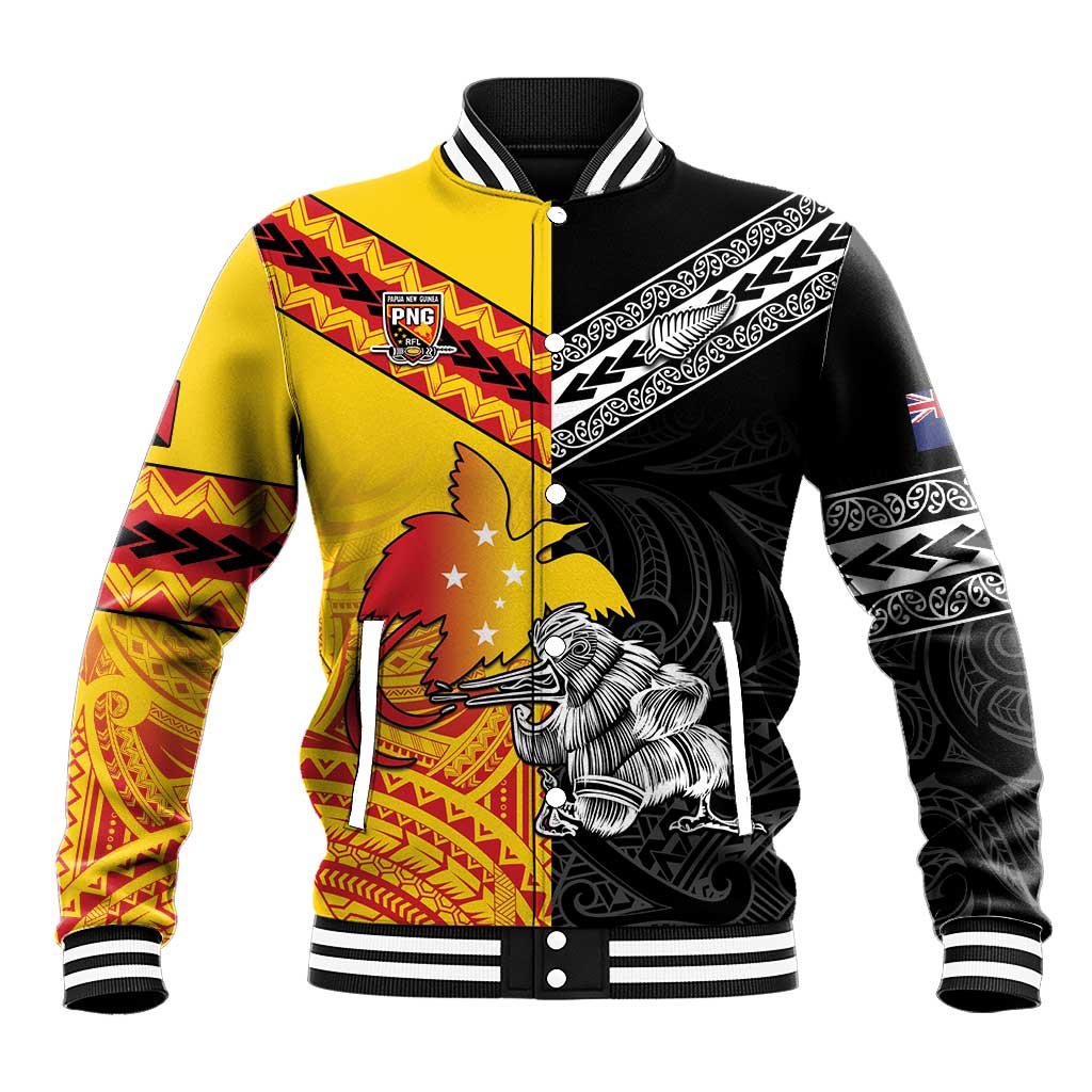 New Zealand And Papua New Guinea Rugby Custom Baseball Jacket Maori Kiwi With Bird of Paradise LT05 - Vibe Hoodie Shop