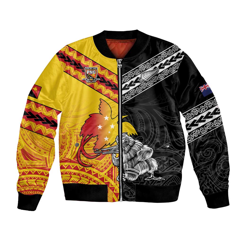 New Zealand And Papua New Guinea Rugby Custom Bomber Jacket Maori Kiwi With Bird of Paradise LT05 - Vibe Hoodie Shop
