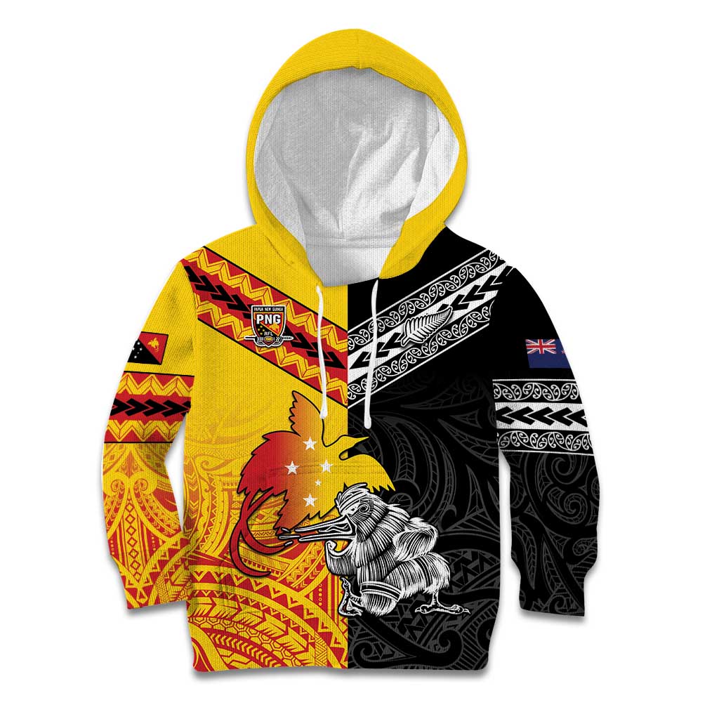 New Zealand And Papua New Guinea Rugby Custom Kid Hoodie Maori Kiwi With Bird of Paradise LT05 - Vibe Hoodie Shop