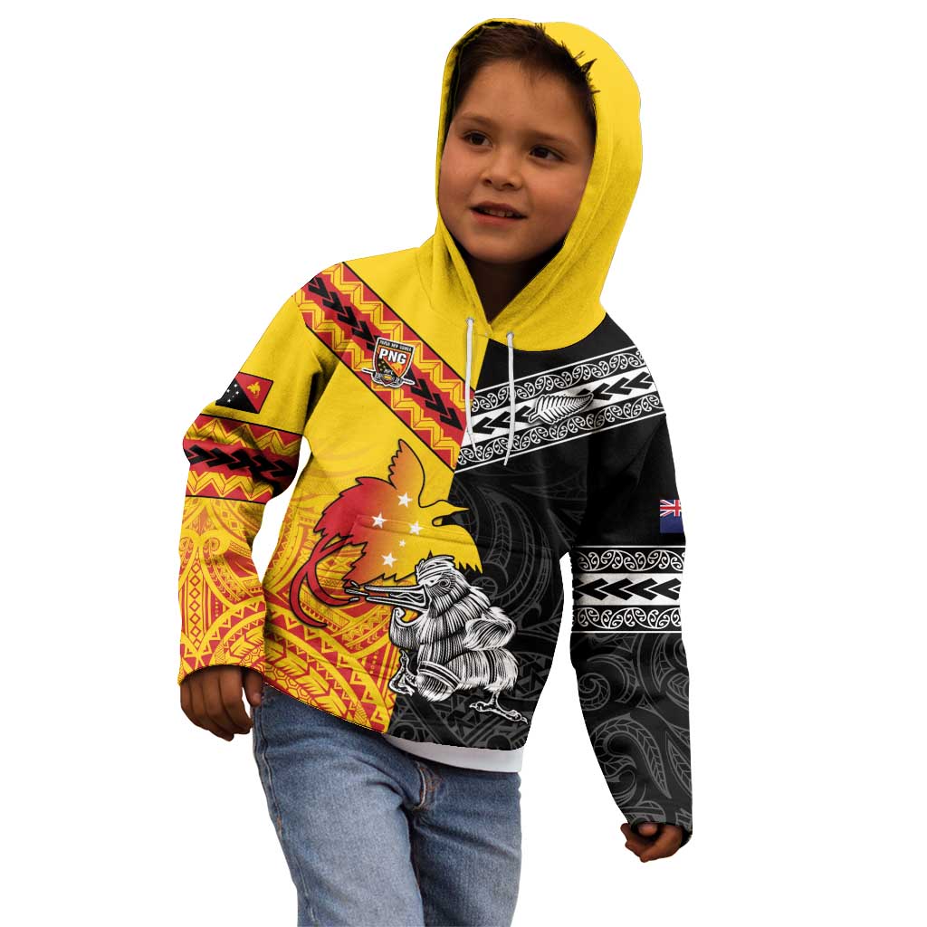 New Zealand And Papua New Guinea Rugby Custom Kid Hoodie Maori Kiwi With Bird of Paradise LT05 - Vibe Hoodie Shop