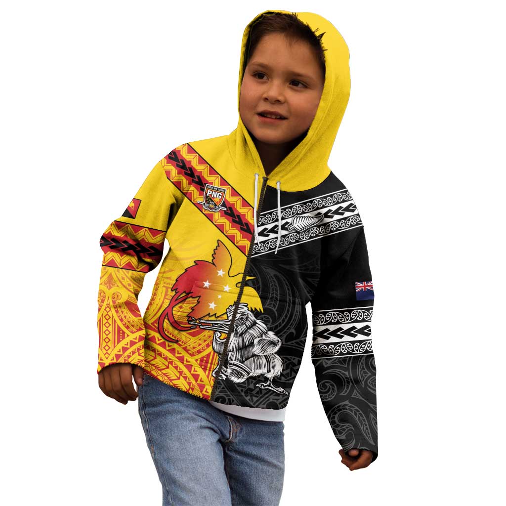 New Zealand And Papua New Guinea Rugby Custom Kid Hoodie Maori Kiwi With Bird of Paradise LT05 - Vibe Hoodie Shop