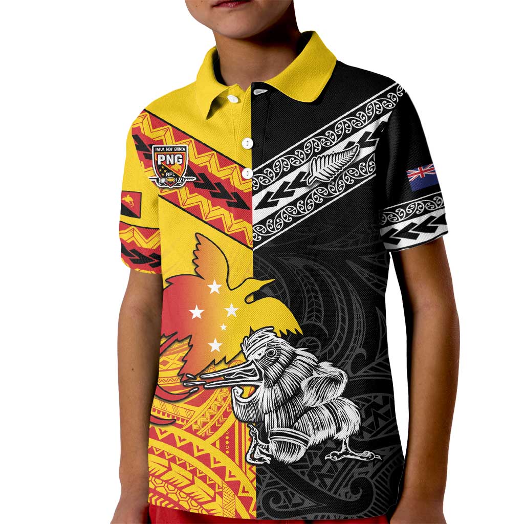 New Zealand And Papua New Guinea Rugby Custom Kid Polo Shirt Maori Kiwi With Bird of Paradise LT05 - Vibe Hoodie Shop