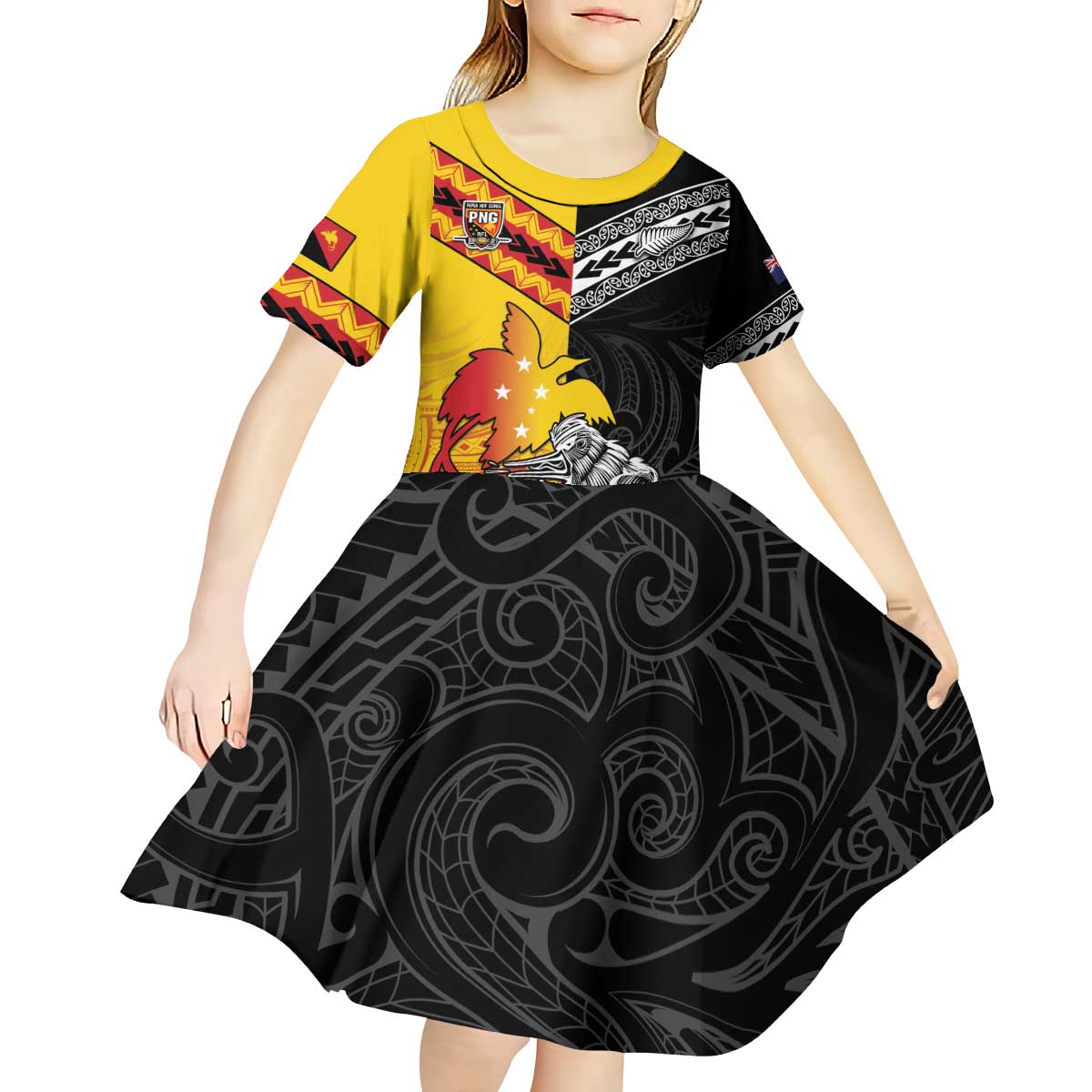 New Zealand And Papua New Guinea Rugby Custom Kid Short Sleeve Dress Maori Kiwi With Bird of Paradise LT05 - Vibe Hoodie Shop