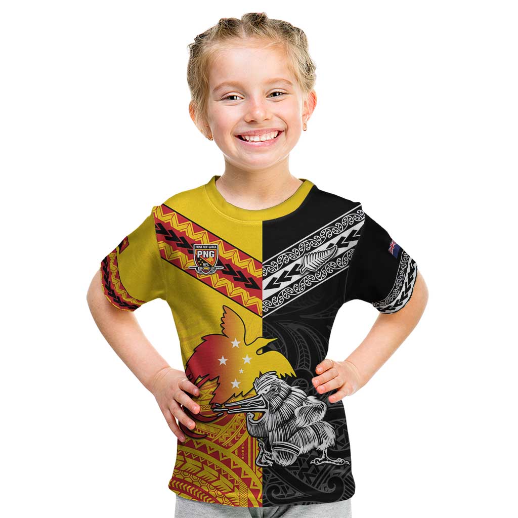 New Zealand And Papua New Guinea Rugby Custom Kid T Shirt Maori Kiwi With Bird of Paradise LT05 - Vibe Hoodie Shop