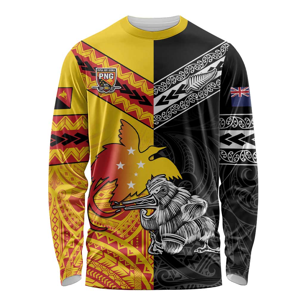 New Zealand And Papua New Guinea Rugby Custom Long Sleeve Shirt Maori Kiwi With Bird of Paradise LT05 - Vibe Hoodie Shop