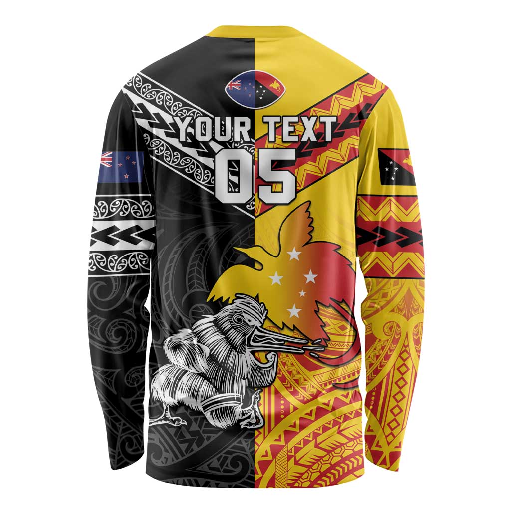 New Zealand And Papua New Guinea Rugby Custom Long Sleeve Shirt Maori Kiwi With Bird of Paradise LT05 - Vibe Hoodie Shop