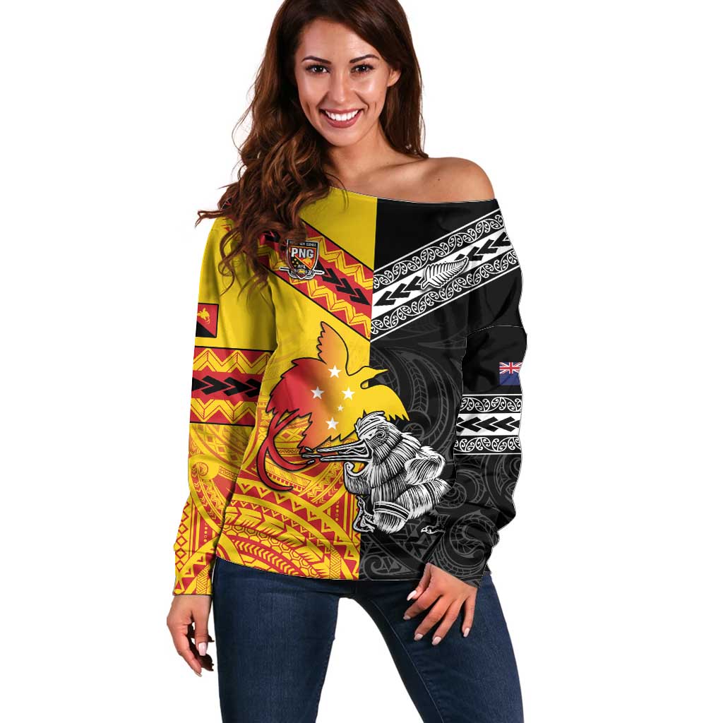 New Zealand And Papua New Guinea Rugby Custom Off Shoulder Sweater Maori Kiwi With Bird of Paradise LT05 - Vibe Hoodie Shop
