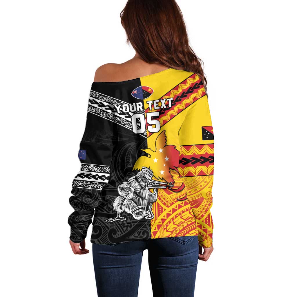 New Zealand And Papua New Guinea Rugby Custom Off Shoulder Sweater Maori Kiwi With Bird of Paradise LT05 - Vibe Hoodie Shop