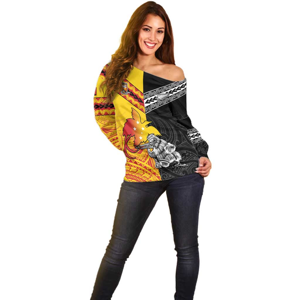 New Zealand And Papua New Guinea Rugby Custom Off Shoulder Sweater Maori Kiwi With Bird of Paradise LT05 - Vibe Hoodie Shop