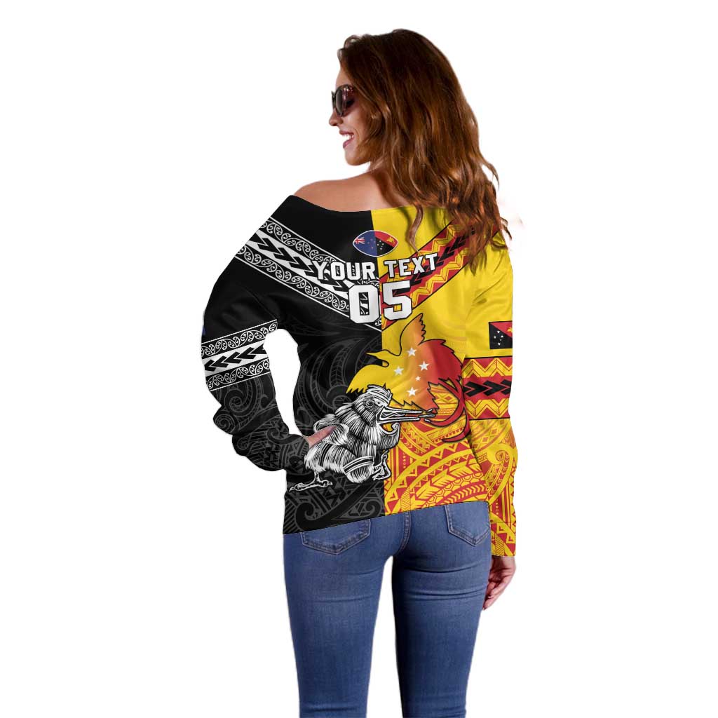 New Zealand And Papua New Guinea Rugby Custom Off Shoulder Sweater Maori Kiwi With Bird of Paradise LT05 - Vibe Hoodie Shop