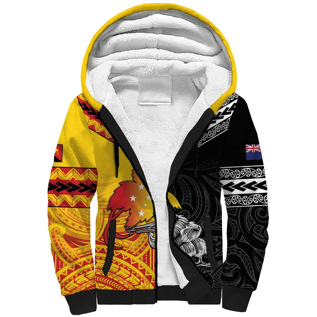 New Zealand And Papua New Guinea Rugby Custom Sherpa Hoodie Maori Kiwi With Bird of Paradise LT05 - Vibe Hoodie Shop