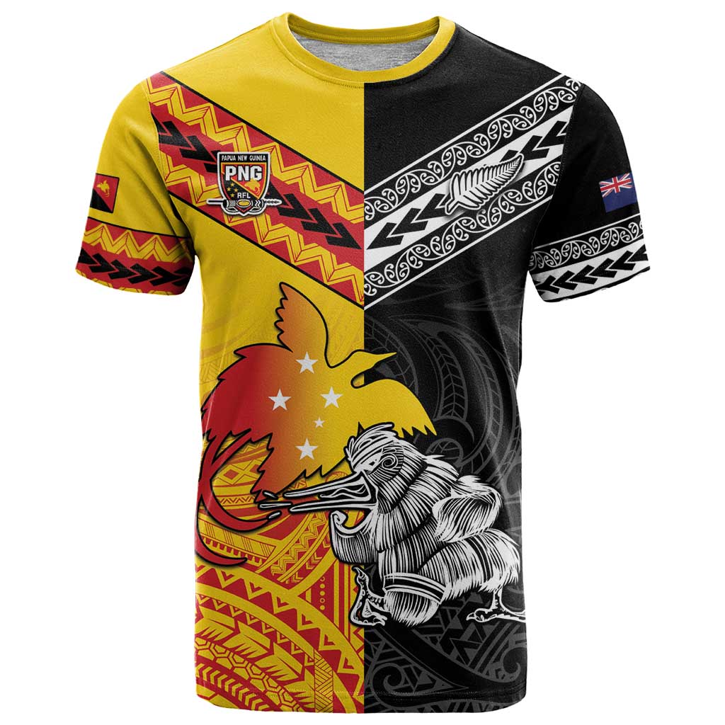 New Zealand And Papua New Guinea Rugby Custom T Shirt Maori Kiwi With Bird of Paradise LT05 - Vibe Hoodie Shop