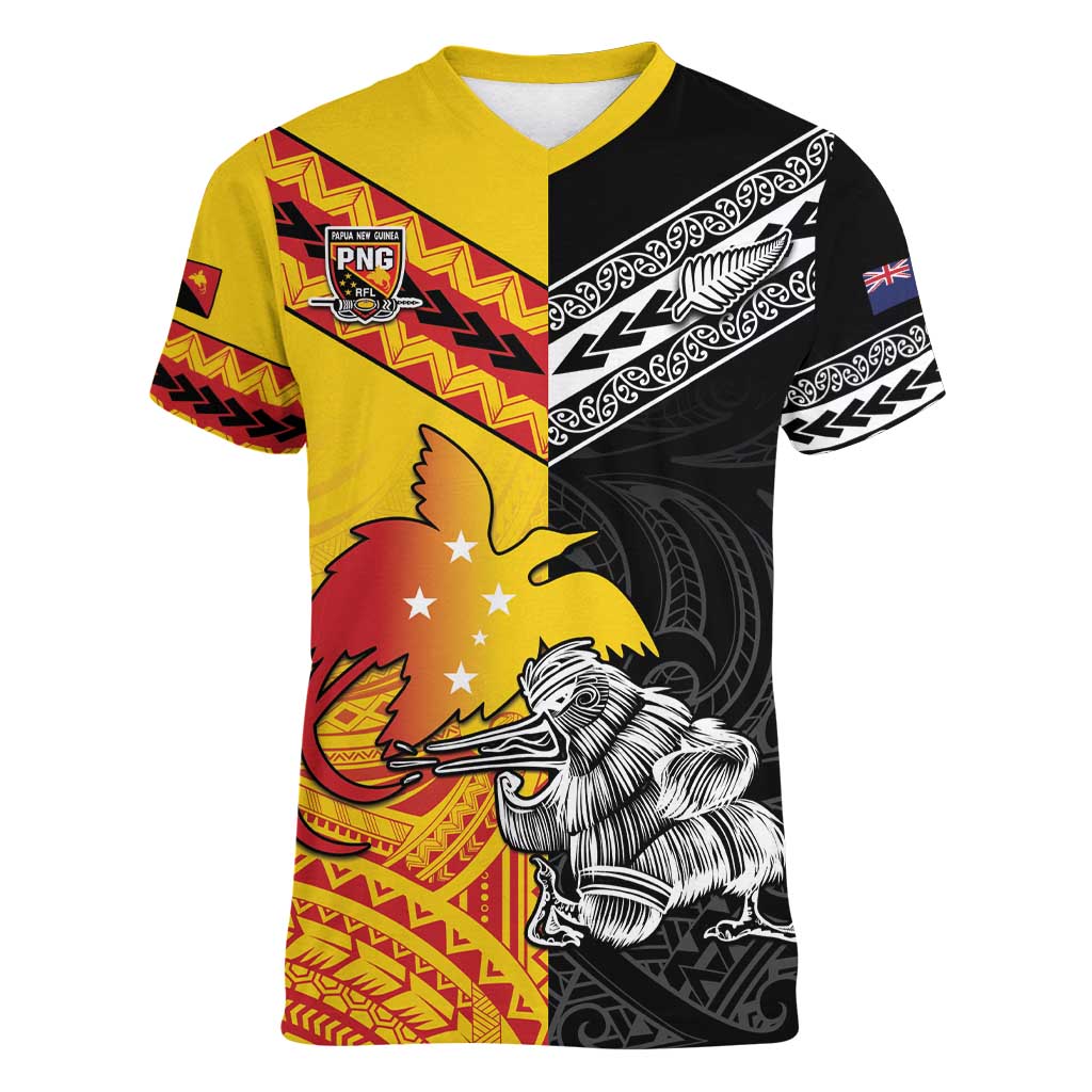 New Zealand And Papua New Guinea Rugby Custom Women V-Neck T-Shirt Maori Kiwi With Bird of Paradise LT05 - Vibe Hoodie Shop