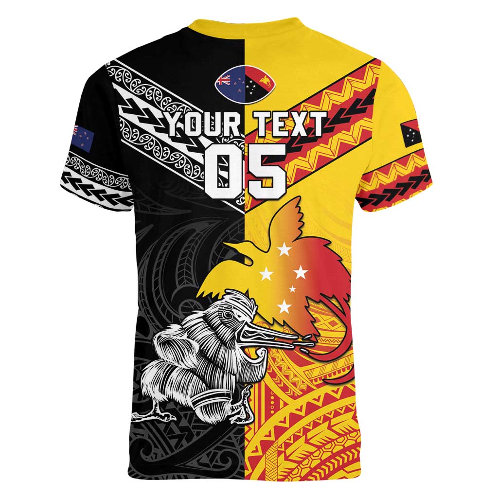 New Zealand And Papua New Guinea Rugby Custom Women V-Neck T-Shirt Maori Kiwi With Bird of Paradise LT05 - Vibe Hoodie Shop