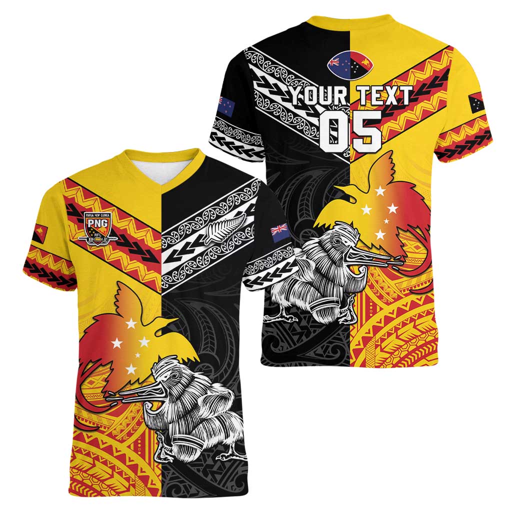 New Zealand And Papua New Guinea Rugby Custom Women V-Neck T-Shirt Maori Kiwi With Bird of Paradise LT05 - Vibe Hoodie Shop