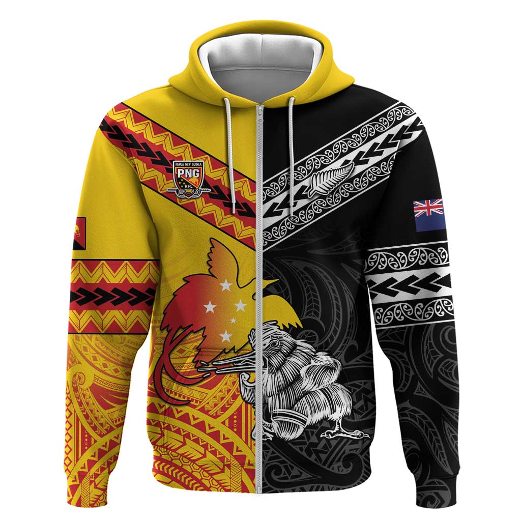 New Zealand And Papua New Guinea Rugby Custom Zip Hoodie Maori Kiwi With Bird of Paradise LT05 - Vibe Hoodie Shop
