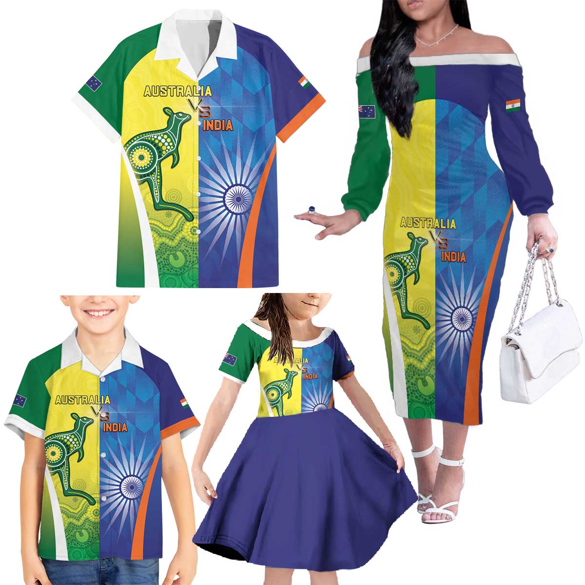 Custom Australia And India Cricket Family Matching Off The Shoulder Long Sleeve Dress and Hawaiian Shirt Ashoka Chakra With Aboriginal - Vibe Hoodie