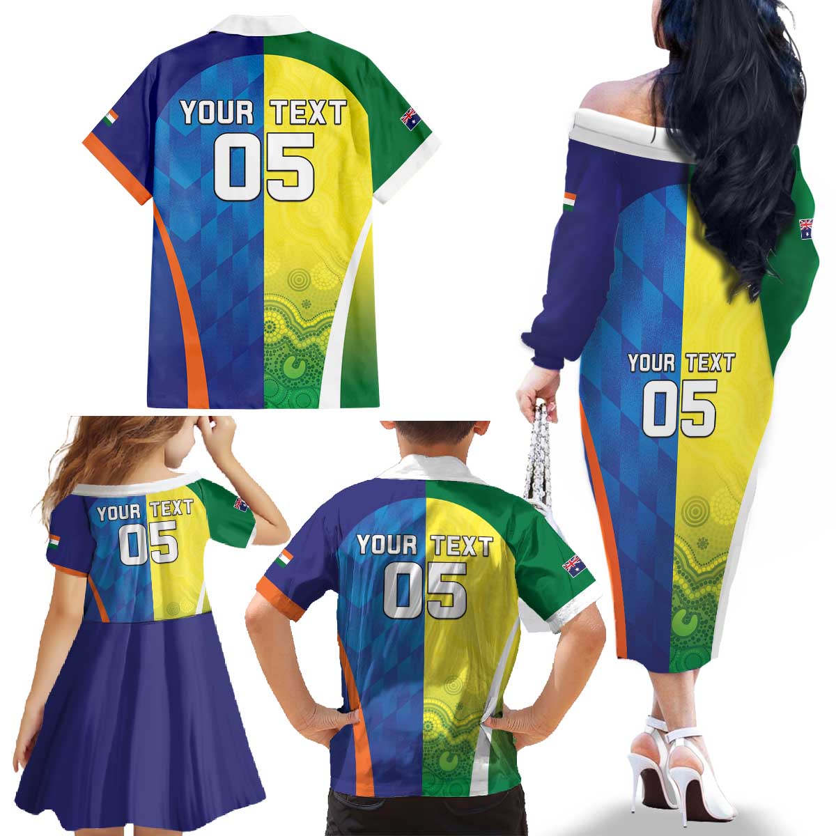 Custom Australia And India Cricket Family Matching Off The Shoulder Long Sleeve Dress and Hawaiian Shirt Ashoka Chakra With Aboriginal - Vibe Hoodie