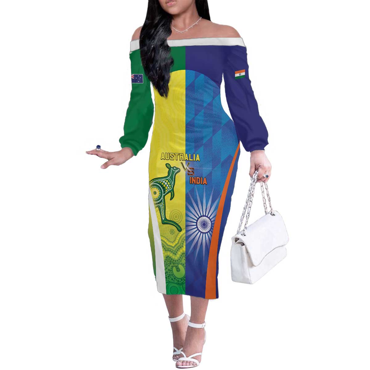 Custom Australia And India Cricket Family Matching Off The Shoulder Long Sleeve Dress and Hawaiian Shirt Ashoka Chakra With Aboriginal - Vibe Hoodie