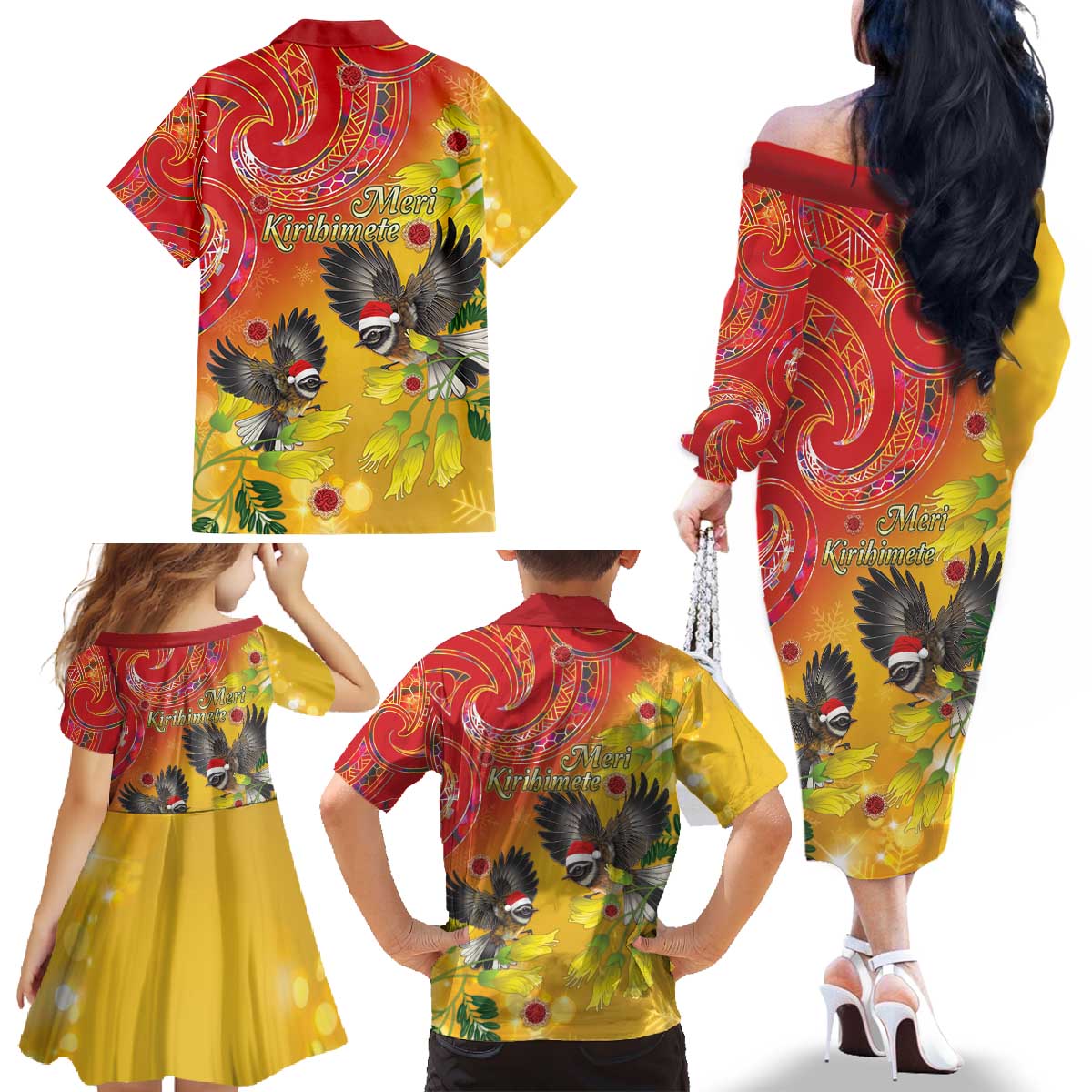 New Zealand Piwakawaka Christmas Family Matching Off The Shoulder Long Sleeve Dress and Hawaiian Shirt With Maori Pattern