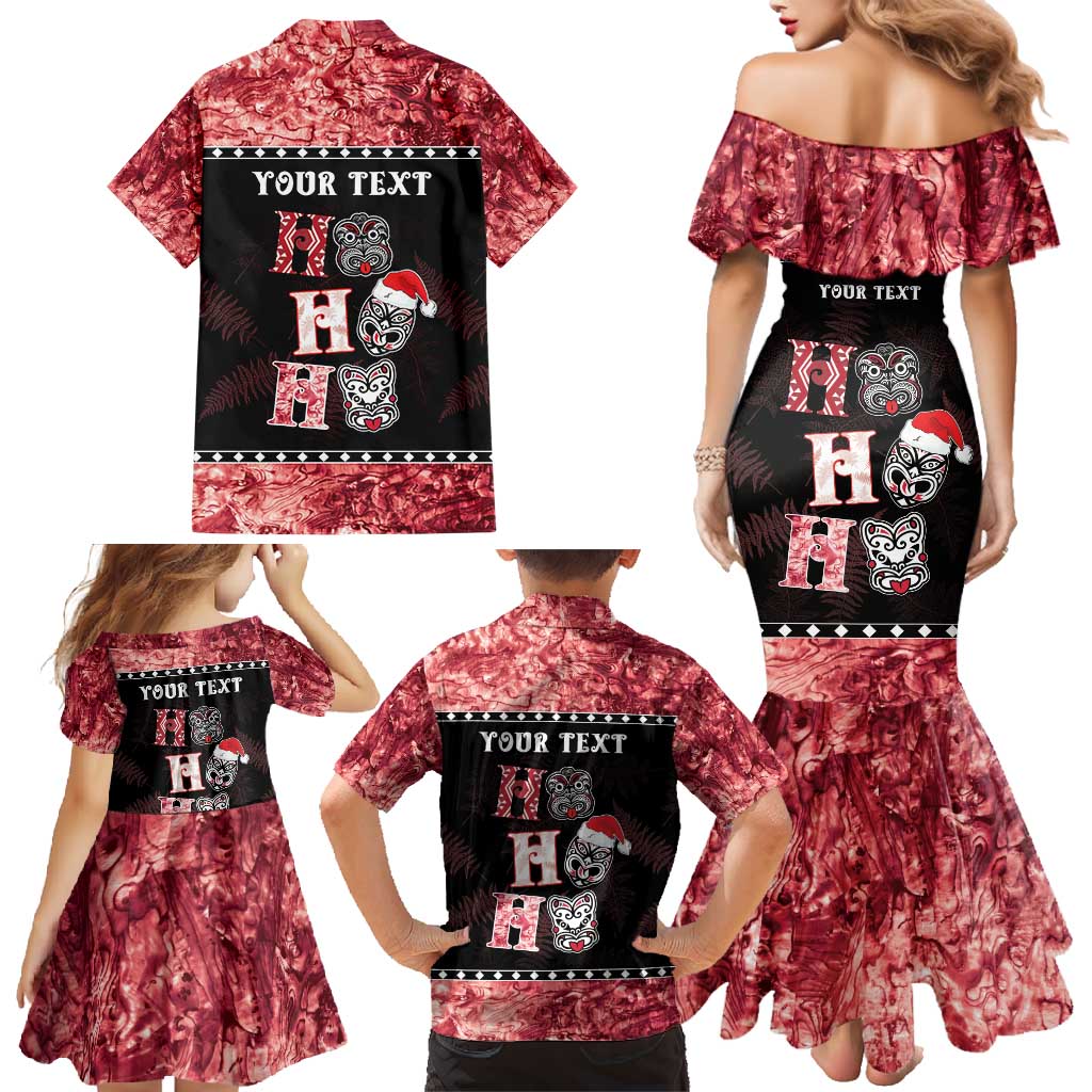 Personalised New Zealand Tiki Christmas Family Matching Mermaid Dress and Hawaiian Shirt Ho Ho Ho Paua Shell Glitter Red