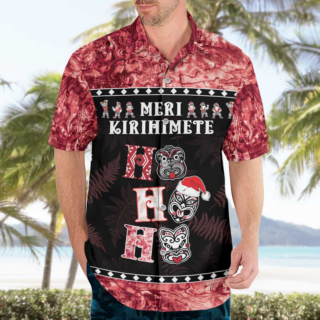 Personalised New Zealand Tiki Christmas Hawaiian Shirt Ho Ho Ho Paua Shell Glitter Red LT05 - Vibe Hoodie Shop