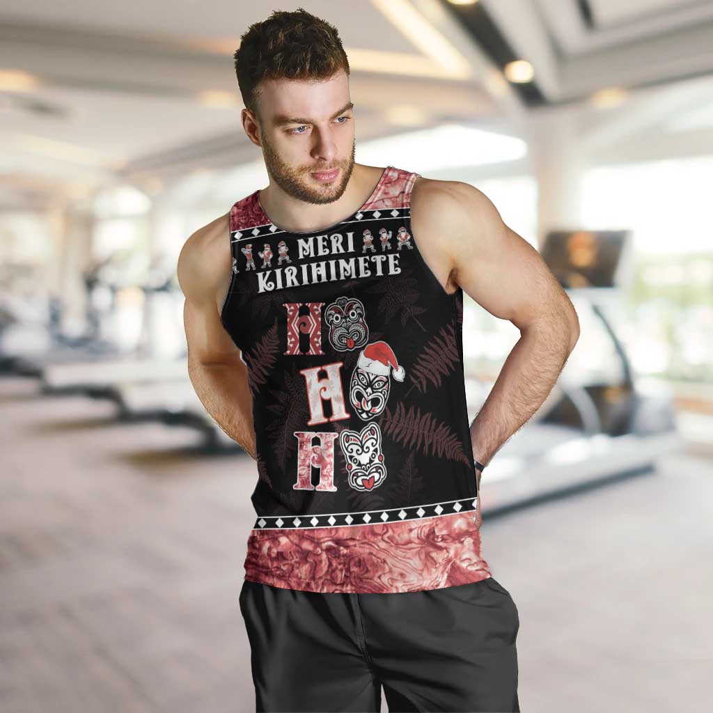 Personalised New Zealand Tiki Christmas Men Tank Top Ho Ho Ho Paua Shell Glitter Red LT05 - Vibe Hoodie Shop
