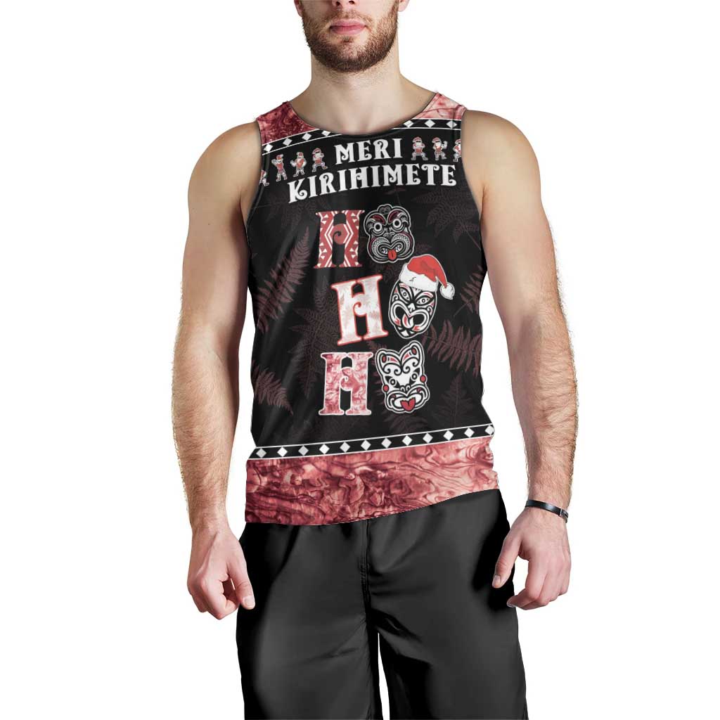 Personalised New Zealand Tiki Christmas Men Tank Top Ho Ho Ho Paua Shell Glitter Red LT05 - Vibe Hoodie Shop
