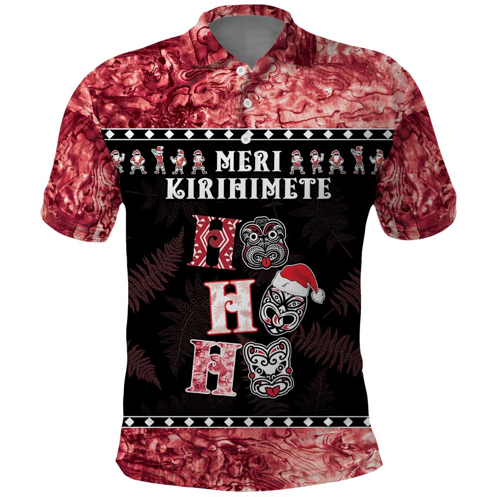 Personalised New Zealand Tiki Christmas Polo Shirt Ho Ho Ho Paua Shell Glitter Red LT05 - Vibe Hoodie Shop