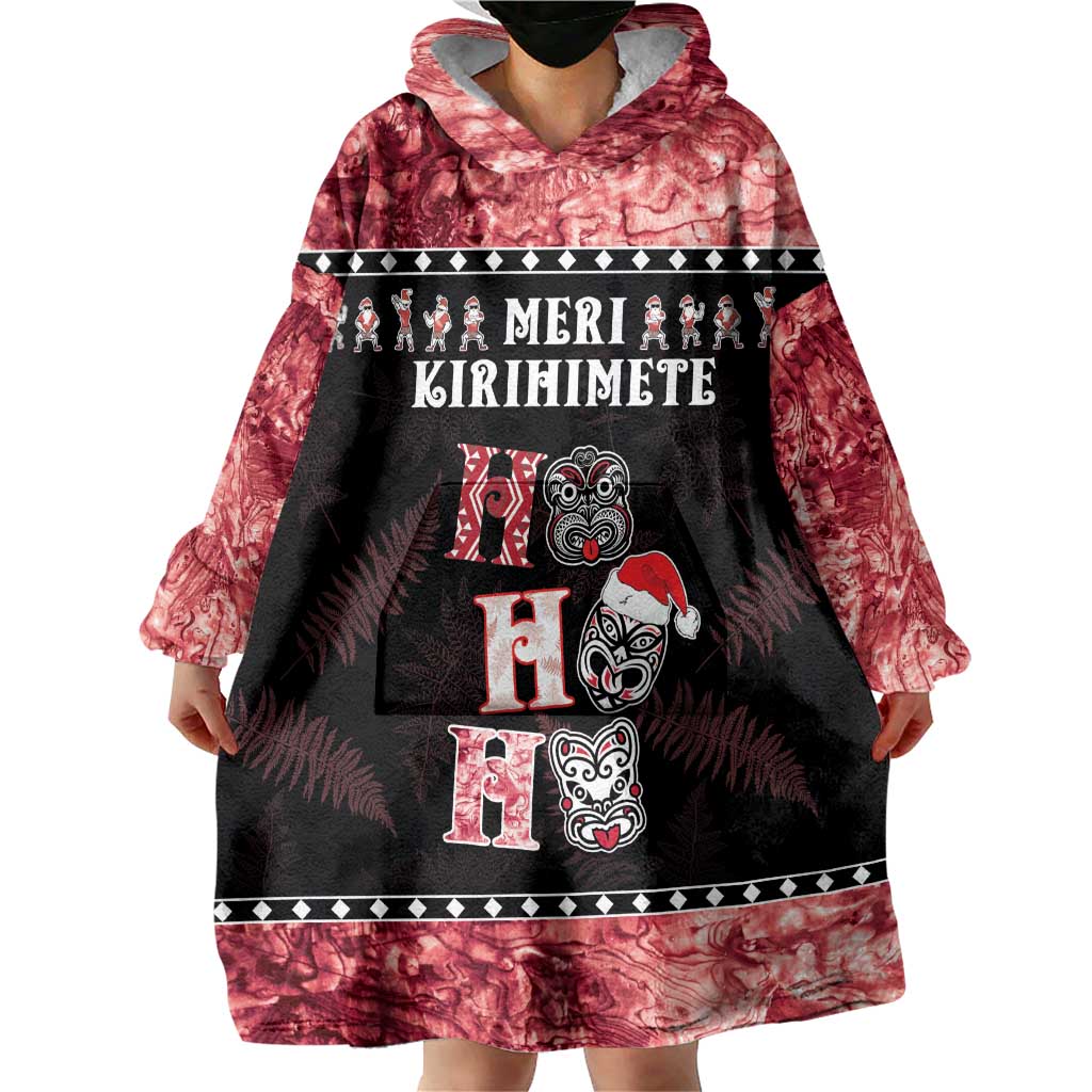 Personalised New Zealand Tiki Christmas Wearable Blanket Hoodie Ho Ho Ho Paua Shell Glitter Red LT05 - Vibe Hoodie Shop