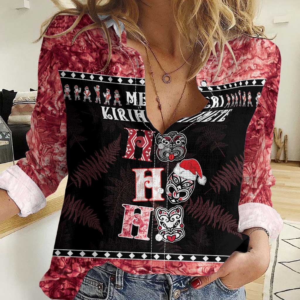 Personalised New Zealand Tiki Christmas Women Casual Shirt Ho Ho Ho Paua Shell Glitter Red LT05 - Vibe Hoodie Shop