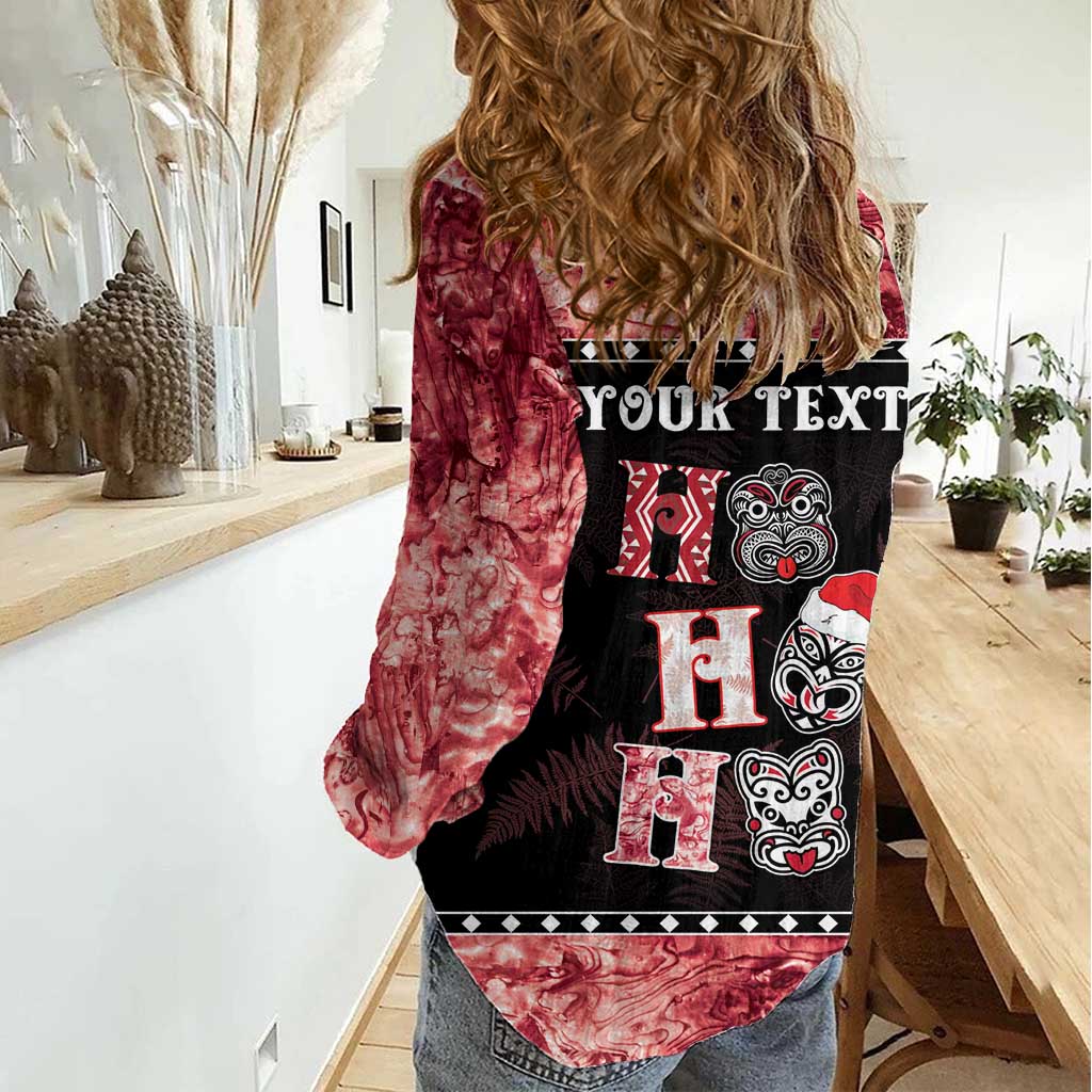 Personalised New Zealand Tiki Christmas Women Casual Shirt Ho Ho Ho Paua Shell Glitter Red LT05 - Vibe Hoodie Shop