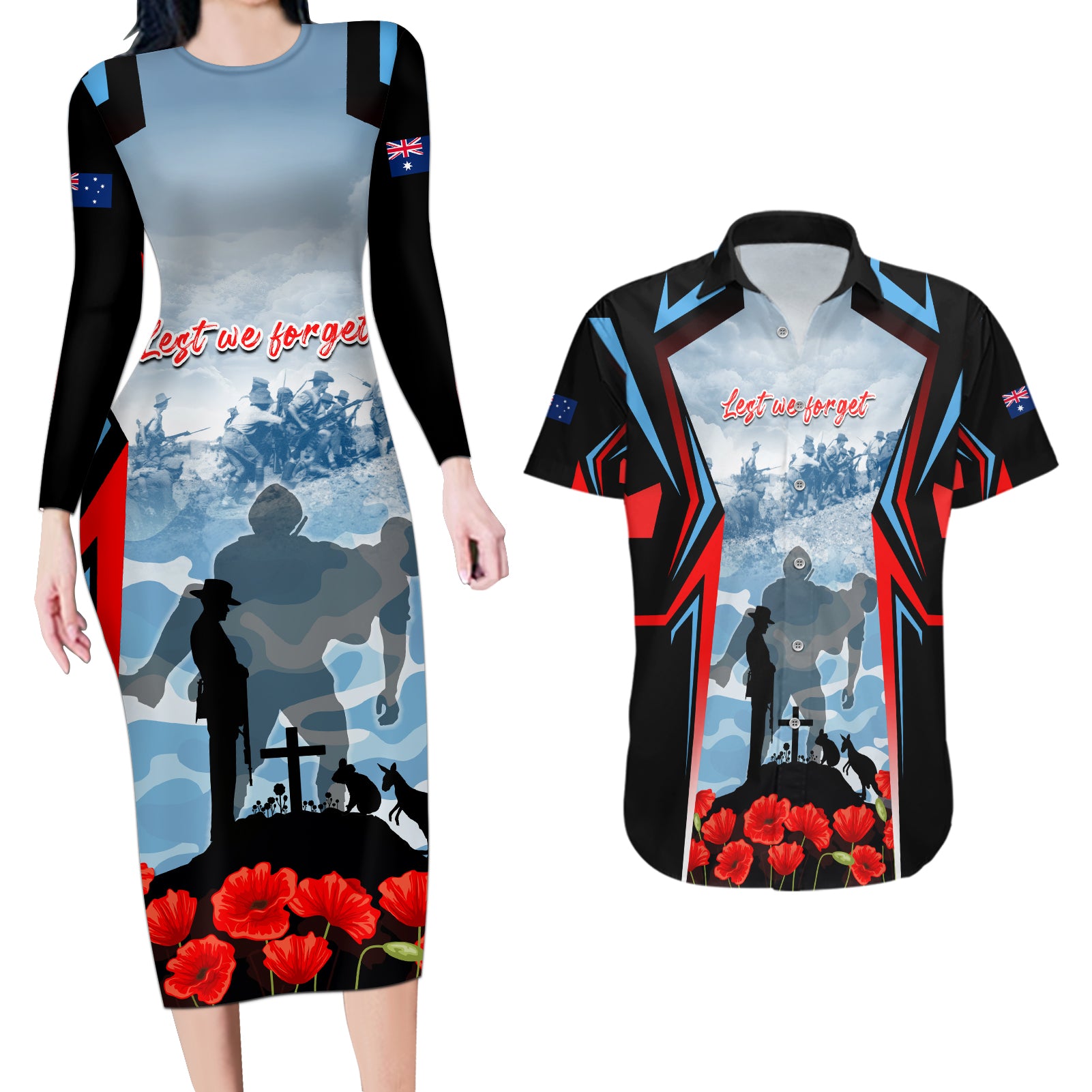 Australia ANZAC Day Couples Matching Long Sleeve Bodycon Dress and Hawaiian Shirt Gallipoli Soldiers Simple Style