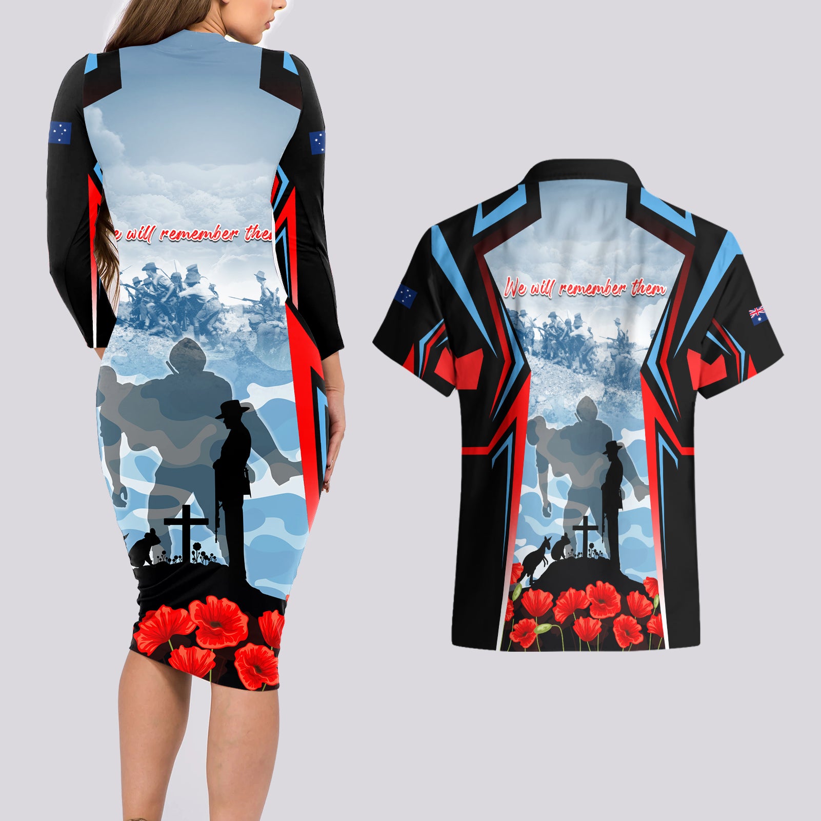 Australia ANZAC Day Couples Matching Long Sleeve Bodycon Dress and Hawaiian Shirt Gallipoli Soldiers Simple Style
